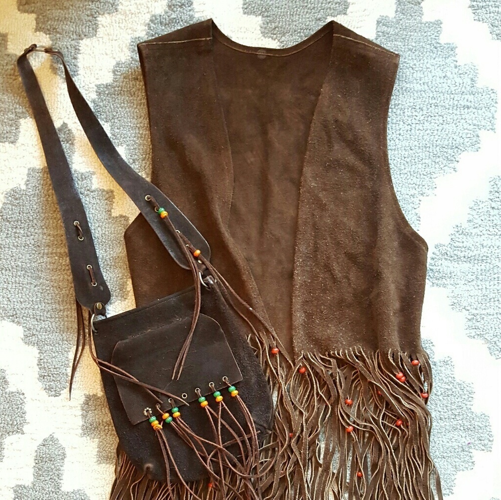 Vintage Leather Fringe Vest and Matching Purse